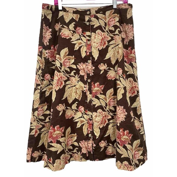 Chaps Skirt‎ 12 Brown Floral Linen Blend Midi Maxi Boho Peasant Prairie Y2k - Picture 1 of 5